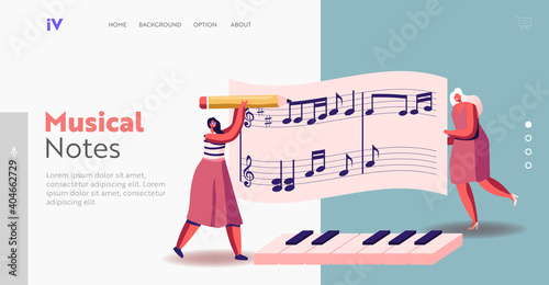 Tiny Female Characters Writing Notes on Huge Stave Landing Page Template. Pianist Women Concert Playing on Piano