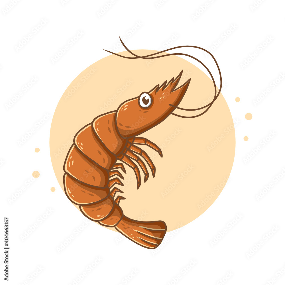 Fototapeta premium Shrimp Cartoon Vector Illustration. Seafood Mascot Logo. Ocean Animal Symbol Icon Character Element. Crustacean Marine Drawing Template