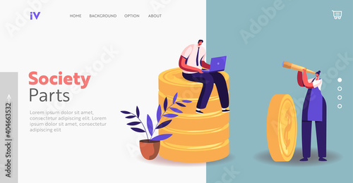 Income Class Landing Page Template. Tiny Housewife Character in Uniform Dreaming of Good Salary Look in Spyglass