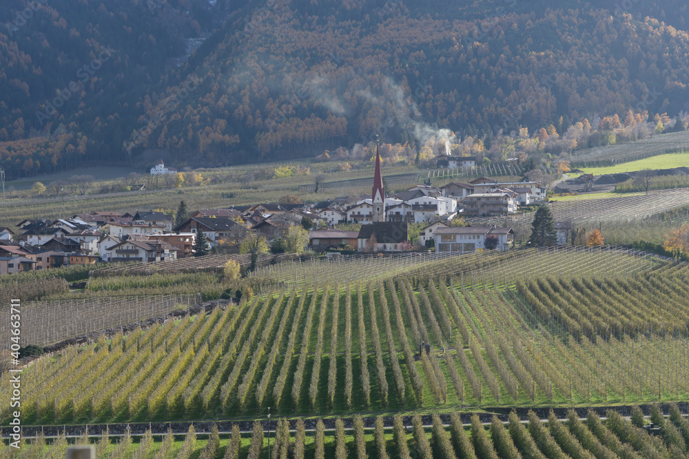 Picturesque mountain landscape in South Tyrol in autumn, view from a hiking trail nearby a vineyard to the valley of Naturns, no people