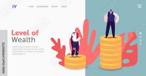 People with Different Income Class Landing Page Template. Unemployed Beggar and Rich Businessman Finance Hierarchy
