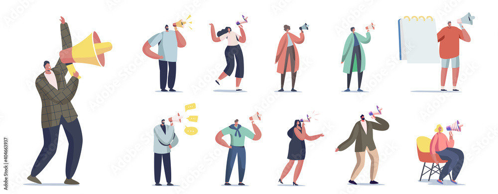 Set of People with Megaphone. Male and Female Characters Yell to Loudspeaker Isolated on White Background, Alert Ad