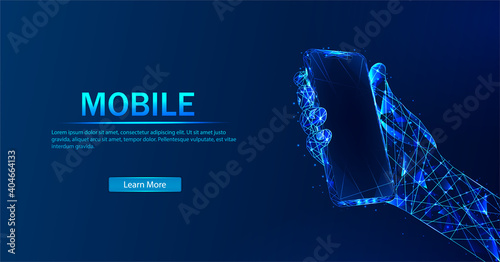 The phone in my hand. Abstract vector in futuristic polygonal style with wireframe, lowpoly triangles on a blue background.The device screen and the palm of  hand. Digital concept of gadgets.