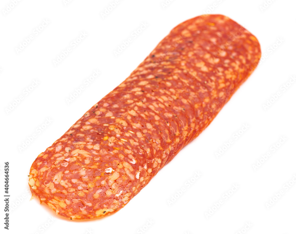 Obraz na plátně Slices of Spicy Calabrese Salami Meat on a White Background