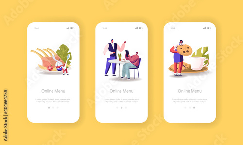 Online Menu Mobile App Page Onboard Screen Template. Tiny Male and Female Characters Sitting at Tables Drinking, Eating