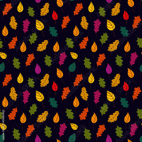 Fallen leaves pattern. Bothnian autumn pattern with fallen leaves of trees on a black background. autumn background. Vector illustration in flat style for wrapping paper, textile printing, blogs © Tatyana Olina