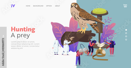 Falconry Landing Page Template. Tiny Characters Holding Professional Equipment for Falcon Training. Arabian Sport