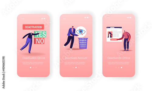 Social Account Deactivation Mobile App Page Onboard Screen Template. Tiny Characters at Huge Web Page Delete Information