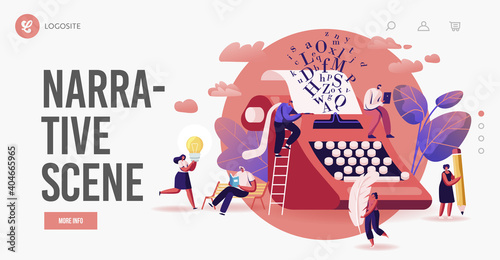 People Enjoying Narration, Reading Literature, Poetry Landing Page Template.Tiny Characters at Huge Typewriter
