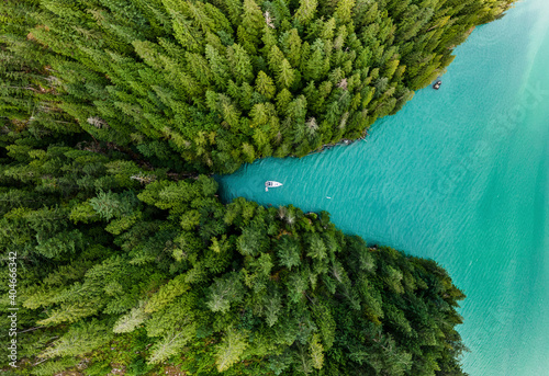Boat moored in cove with green forests aerial view