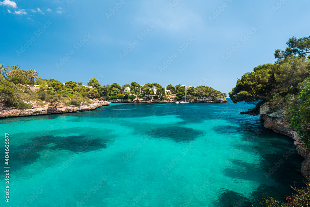 A view from a trail on a shore of Cala Ferrera bay on Mallorca island in Spain