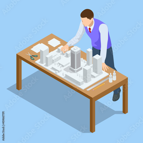 Architectural Project Isometric Concept. Professional Architect and Designer Working.