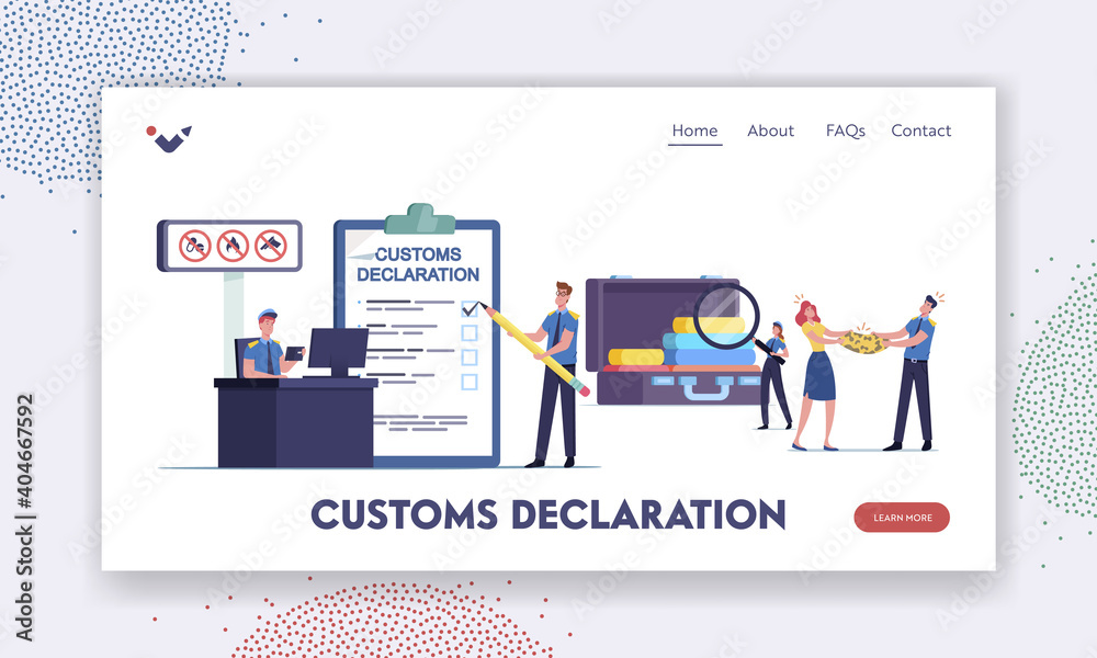 Airport Security Landing Page Template. Tiny Customs Officers Filling Customs Declaration and Check Passenger Baggage