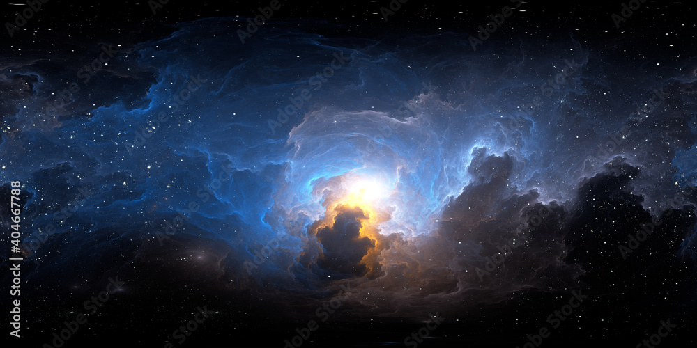 Naklejka premium 360 degree stellar space background with nebula in another dimension. Panorama, environment 360 HDRI map. Equirectangular projection, spherical panorama