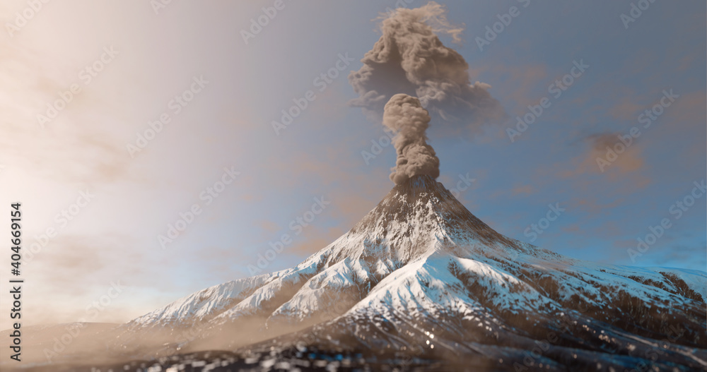 Snowy mountain volcano eruption with smoke cloud over the top - obrazy, fototapety, plakaty 