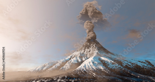 Fototapeta Snowy mountain volcano eruption with smoke cloud over the top