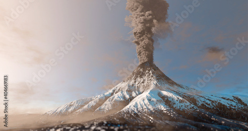Fototapeta Snowy mountain volcano eruption with smoke cloud over the top