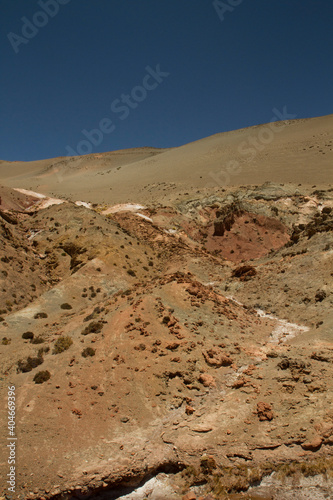 Geology. High in the Andes mountains. Panorama view of the brown mountain and rock face with colorful minerals.