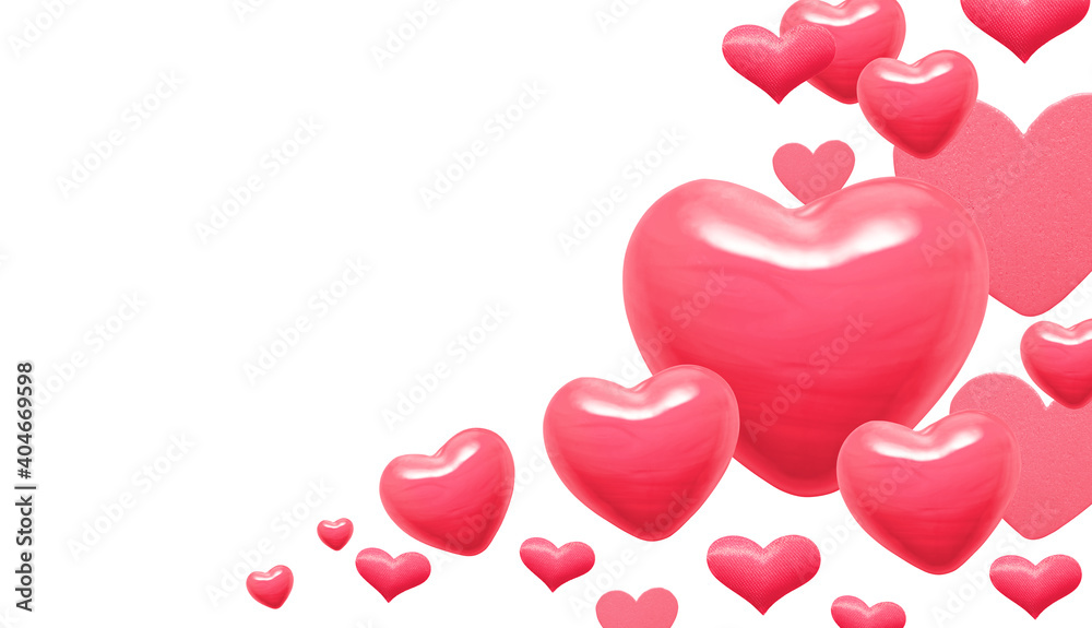 abstract pink hearts on white background for valentines day, wedding and greeting cards. Copy space for text. 3D illustration
