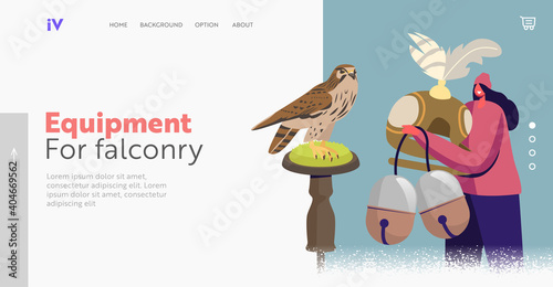 Bird Hunting Landing Page Template. Tiny Female Character Hold Huge Professional Equipment for Falconry Sport