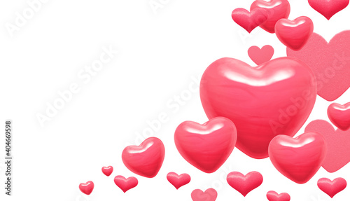 abstract pink hearts on white background for valentines day, wedding and greeting cards. Copy space for text. 3D illustration