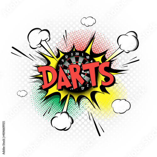 Comic bang with expression text Darts. Comics book font sound phrase template with dartboard. Pop art style banner message. Sports fan emotions. Vector illustration
