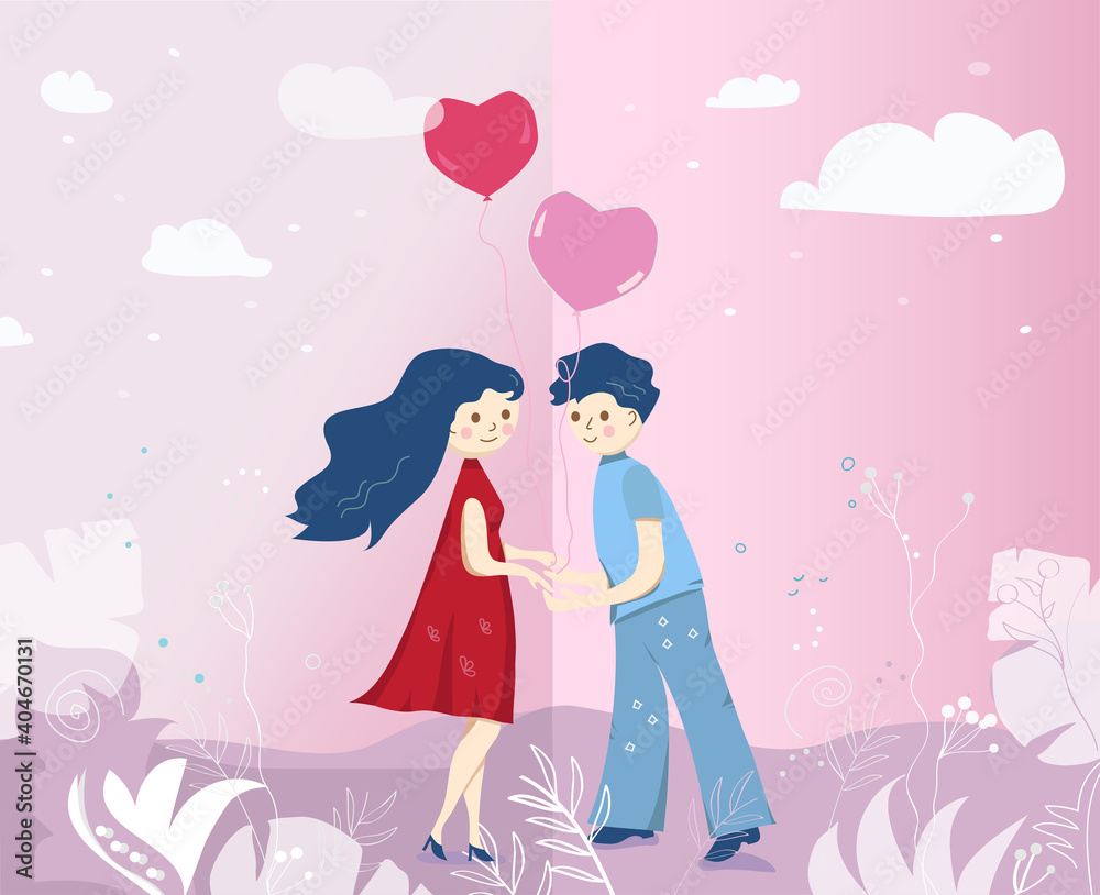 A greeting card of a girl and a boy on a date - flat illustration with hearts in a pink color. A greeting card of a girl and a boy on a date - flat illustration with hearts in a pink color.