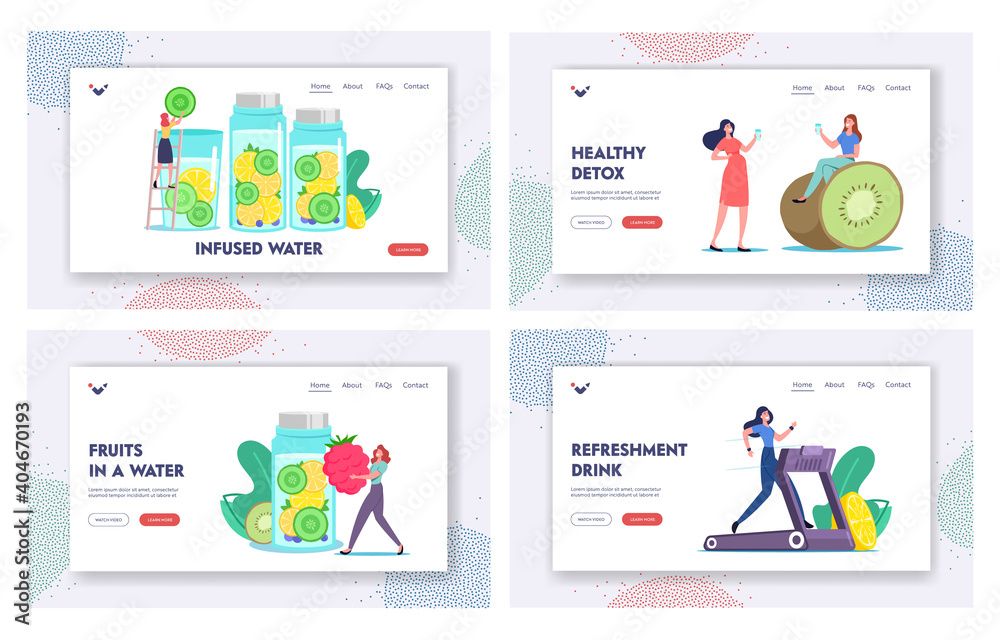 Vitamin Food Landing Page Template Set. Detox Diet, Healthy Lifestyle. Characters Cooking Infused Fruit Water, Smoothies