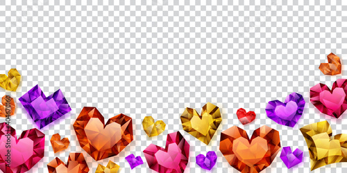 Illustration of multicolored hearts made of crystals witn shadows on transparent background