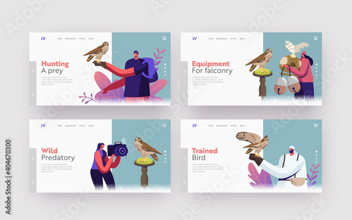 Falconry Landing Page Template Set. Tiny Characters Holding Professional Equipment for Falcon Training. Arabian Sport