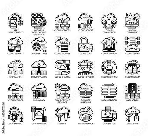 Set of Cloud Technology thin line and pixel perfect icons for any web and app project.