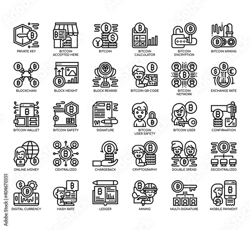 Set of Bitcoin thin line and pixel perfect icons for any web and app project.