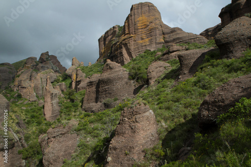 Geology. Panorama view of the mountains, green forest and rock formations called Los Terrones, in Cordoba, Argentina. © Gonzalo