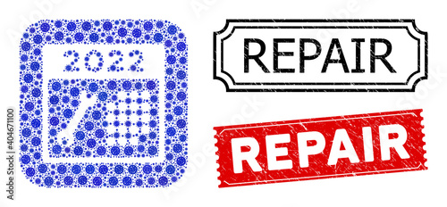 Vector mosaic 2022 repair day and grunge Repair stamps. Mosaic 2022 repair day designed as stencil from rounded square with blue bacilla elements.