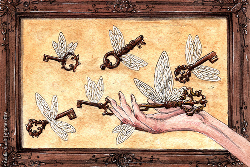 Flying keys in the frame. Watercolor background illustration. Vintage beige, ohra brown theme, illustration for postcards, posters, textile design and other things. photo