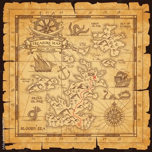 Dekoracja na wymiar  old-pirate-map-vector-worn-parchment-with-treasure-location-sea-islands-and-land-wind-rose-and-cardinal-points-vintage-grunge-paper-pirate-map-with-route-to-find-chest-with-treasury-adventure