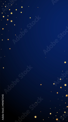 Gold stars random luxury sparkling confetti. Scattered small gold particles on dark blue background. Ecstatic festive overlay template. Overwhelming vector background.