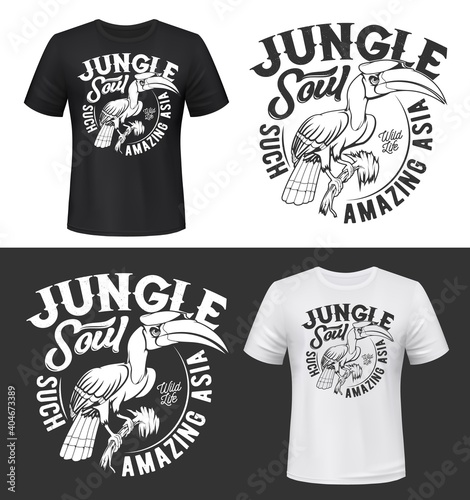 Great hornbill bird t-shirt print mockups. Asian jungles exotic bird with horn on big beak sitting on tree branch monochrome engraved vector. Tropical nature fauna, wild life clothing print template