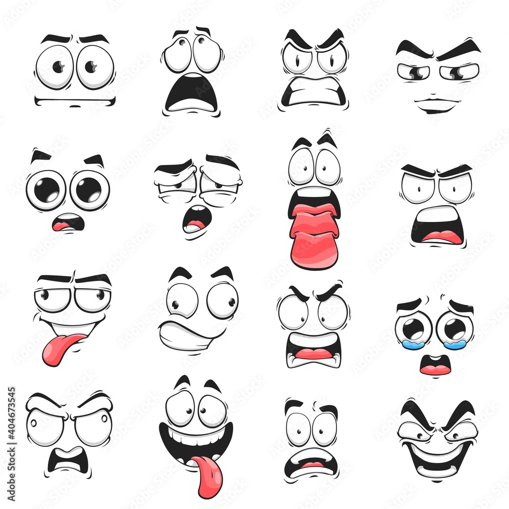 Cartoon face expression isolated vector icons, negative emoji evil, scared and shocked, gloat, grin, smirk or crazy. Facial feelings yelling, show tongue, preoccupied, crying and upset emoticons set Cartoon face expression isolated vector icons, negative emoji evil, scared and shocked, gloat, grin, smirk or crazy. Facial feelings yelling, show tongue, preoccupied, crying and upset emoticons set