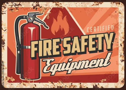 Fire safety equipment rusty metal plate. Dry chemical, foam or clean agent fire extinguisher with pressure gauge and rubber hose, warning triangle sign vector. Fire safety devices shop retro banner