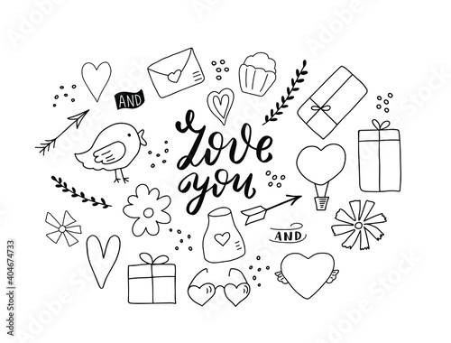 Happy Valentine’s day doodle clipart greeting card. Hand lettering Love you. 14 February, St Valentine holiday. Clipart hand drawn romantic illustration for greetings design