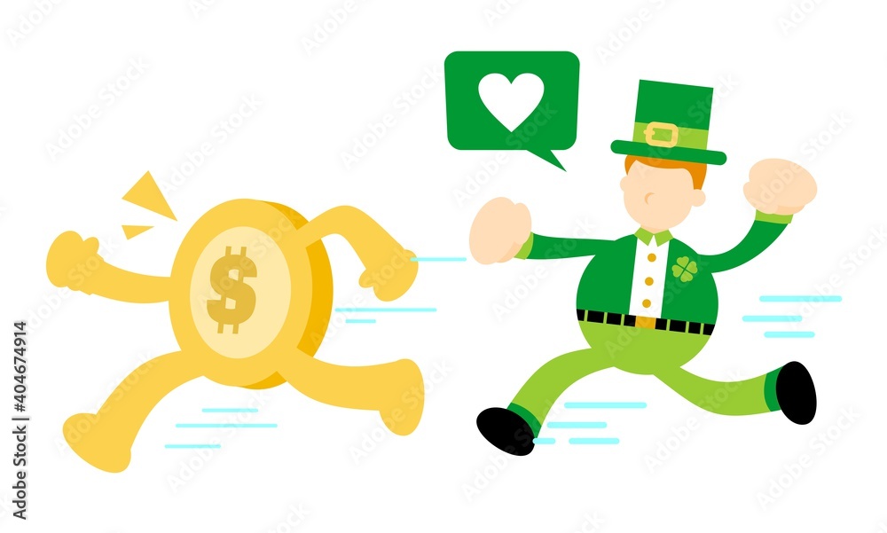 leprechaun pick gold coin money dollar cartoon doodle flat design style vector illustration