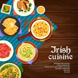 Irish cuisine vector mashed potato with cabbage colcannon, homemade pork sausages and vegetable stuffed beef. Potato pancake farl, broccoli pudding and fish soup, irish stew, cheese sauce Ireland food