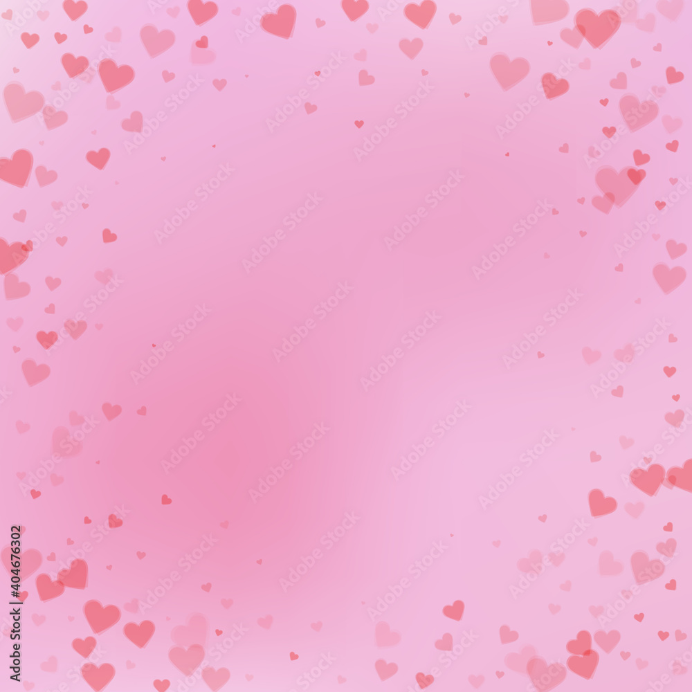 Red heart love confettis. Valentine's day vignette perfect background. Falling transparent hearts confetti on delicate background. Dazzling vector illustration.