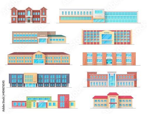 School building isolated icons of education architecture vector design. High, elementary and preschool, primary, junior and grade school buildings, public construction exteriors, facades and entrances