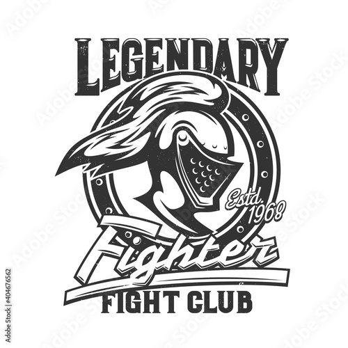 Tshirt print with knight head side view vector mascot for fight club apparel. Medieval soldier or warrior helmet with plumage and close visor, typography legendary fighter, t shirt monochrome print