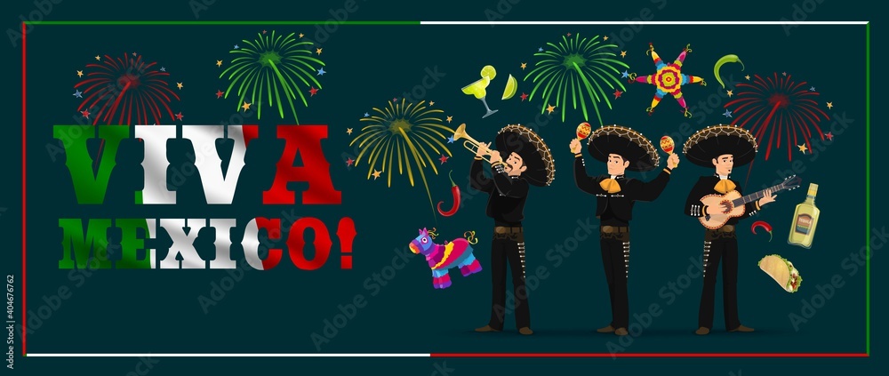 Mexican holiday mariachi with fiesta party food, Viva Mexico vector ...