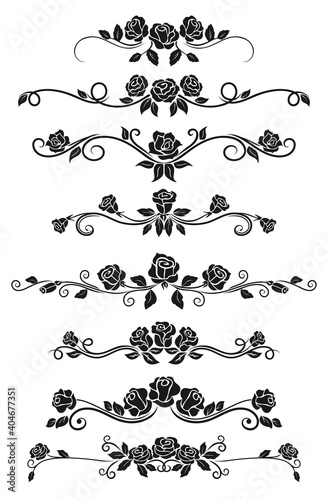 Dividers and frame border lines vector design with black rose flowers. Floral ornament and ornate pattern of rose vine swirls, blossom, buds and leaves, vintage vignette and calligraphy elements