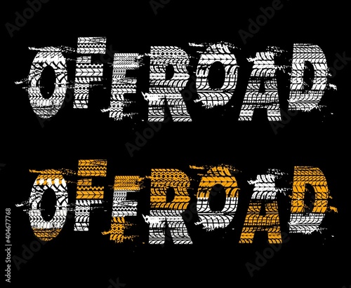 Car off road typography with tires trails. Off road track racing background with tyres marks texture, vehicle wheel protectors dirty traces. Motorsport, rally or motocross competition background