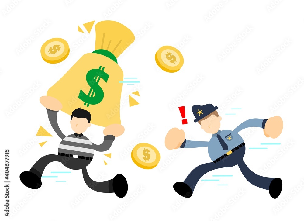 police and burglar thief gold coin money dollar cartoon doodle flat design style vector illustration police and burglar thief gold coin money dollar cartoon doodle flat design style vector illustration